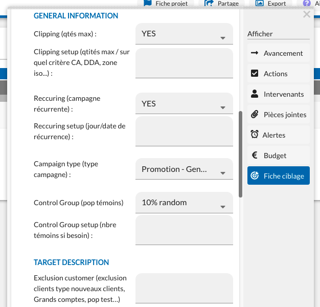 Integration of additional fields and options in the project management module