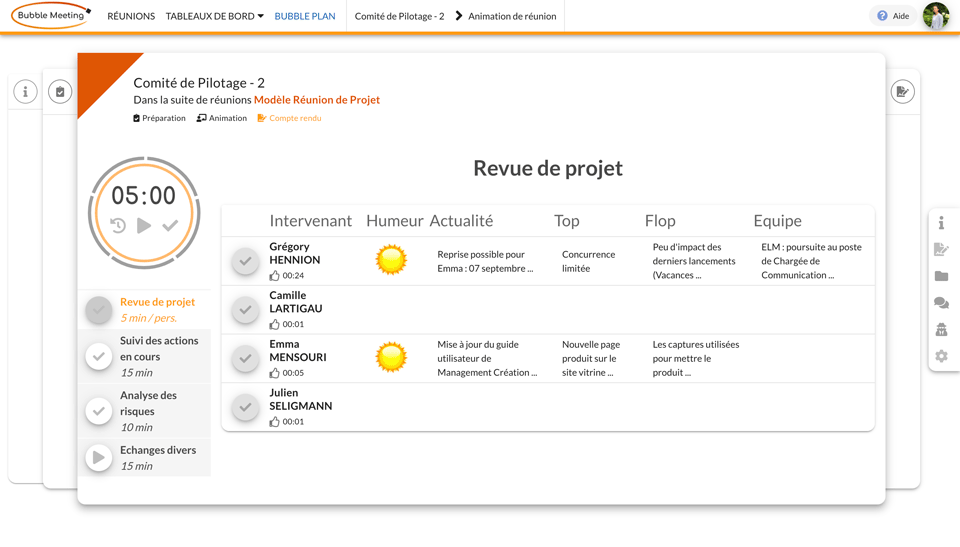 The modern interface of our meeting management tool with the list of meetings followed and their synthesis, as well as the picture of a meeting animation module