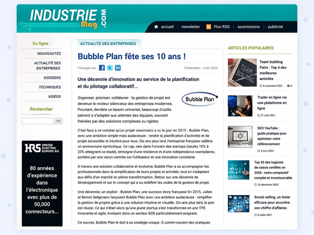 Article d’Industrie Mag consacré aux dix ans de Bubble Plan