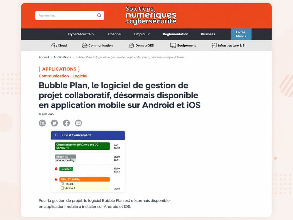 Article de Solutions Numériques sur l’application mobile Bubble Plan