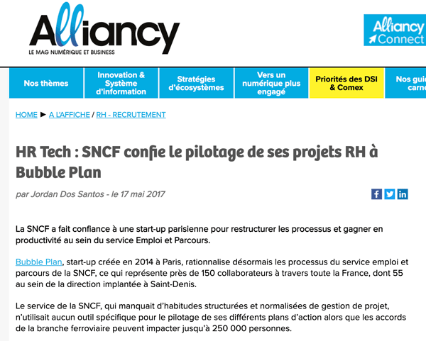Collaboration SNCF et startup Bubble Plan, dans Alliancy Le mag, autour des ressources humaines (RH)
