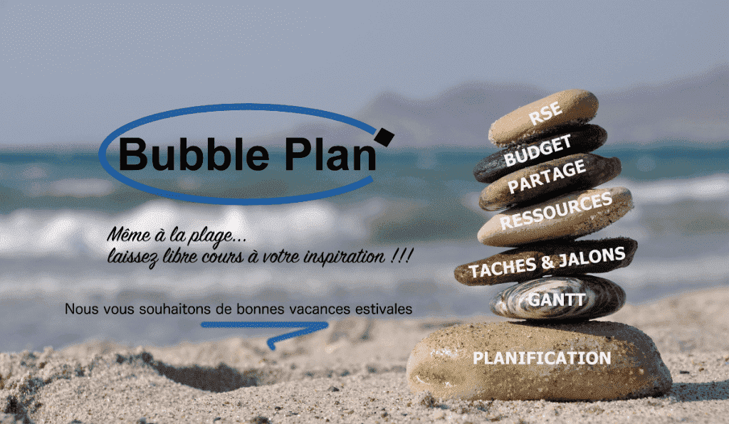 Logo Bubble Plan et les mots RSE, Budget, Partage, Ressources, Tâches & Jalons, Gantt et Planification sont écrits sur des galets empilés