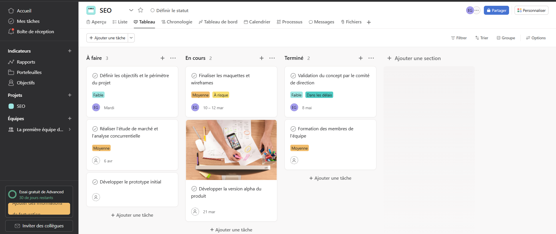 Vue Kanban d'Asana