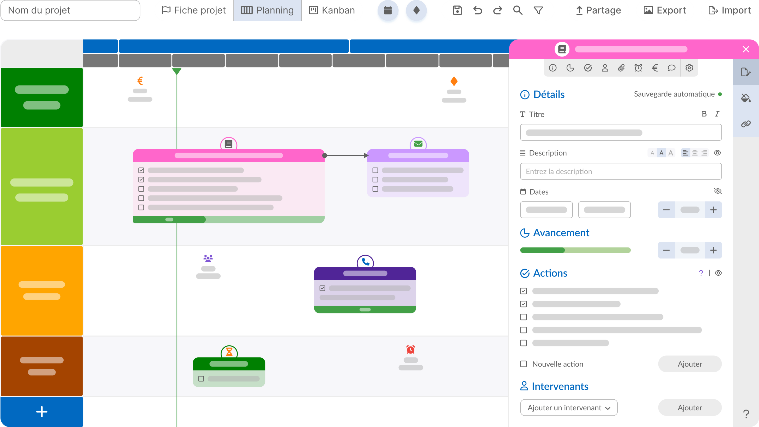 Projet personnalisé : illustration du menu, cliquer sur l'icône Engrenage, qui se trouve en bas à droite de la modale. Un nouveau menu caché s'affichera, proposant plusieurs options de paramétrage des bulles et jalons, dont le déplacement entre lignes