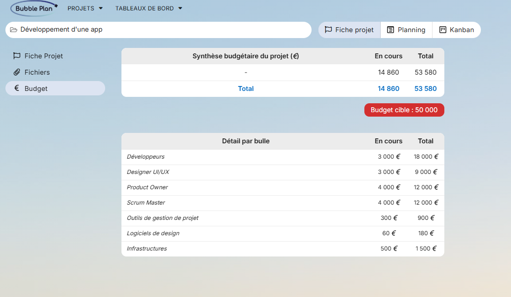la gestion du budget dans bubble plan 