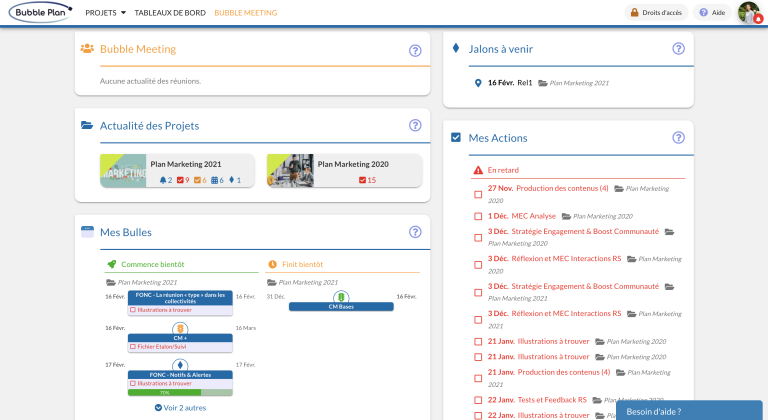 Un tableau de bord personnel pour vos projets et plannings, dans Bubble Plan