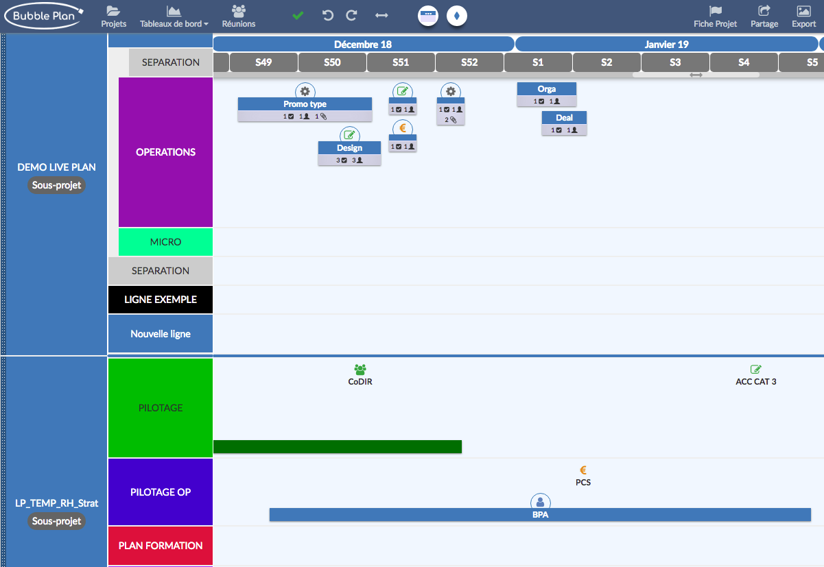 Vue planning des Sous-Projets dans Bubble Plan