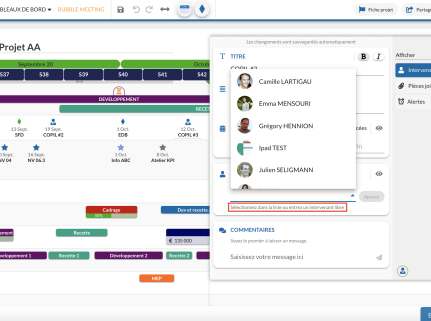 Planning conçu via l'interface de Bubble Plan. L'intitulé mit en avant par l'intermédiaire d'une rectangle rouge indique : " Sélectionnez dan la liste ou entrez un intervenant libre. "
