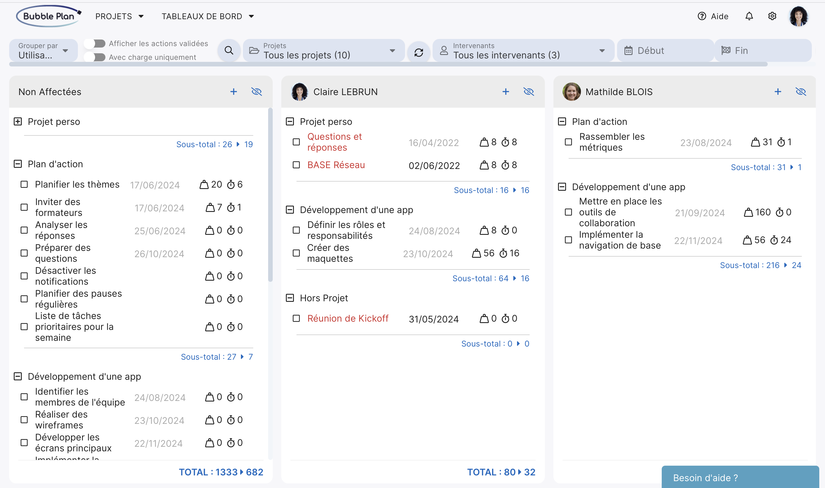 gestion des actions dans bubble plan