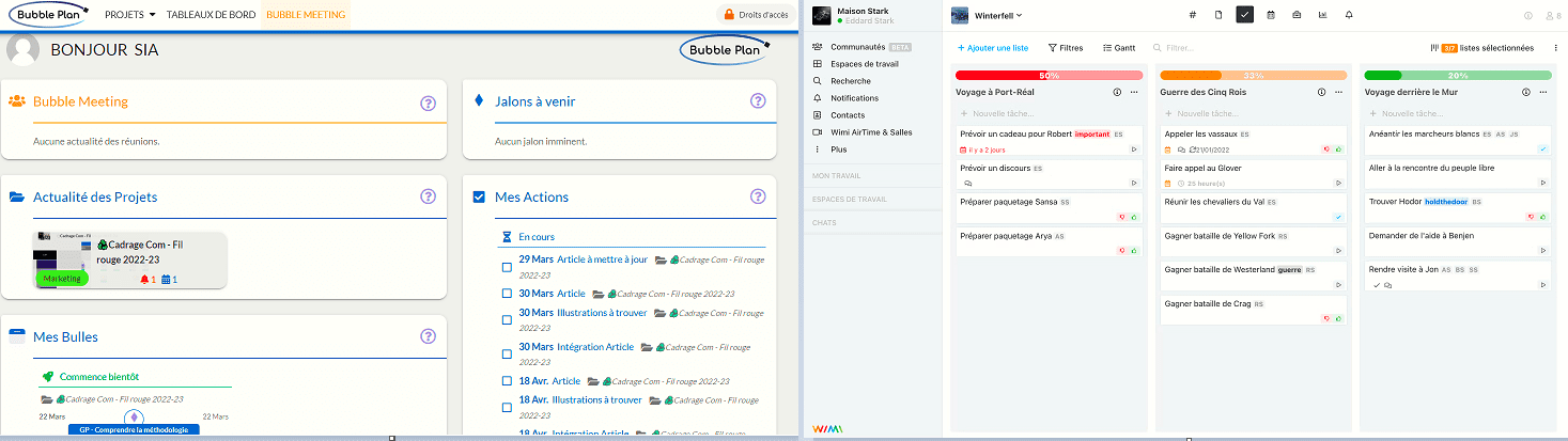 Comparatif de l'écran d'accueil de Bubble Plan, résumé des tâches à faire et des tâches et jalons à venir et accès à Bubble Meeting, et de celui de Wimi, accès directe aux tâches non-faites et à venir