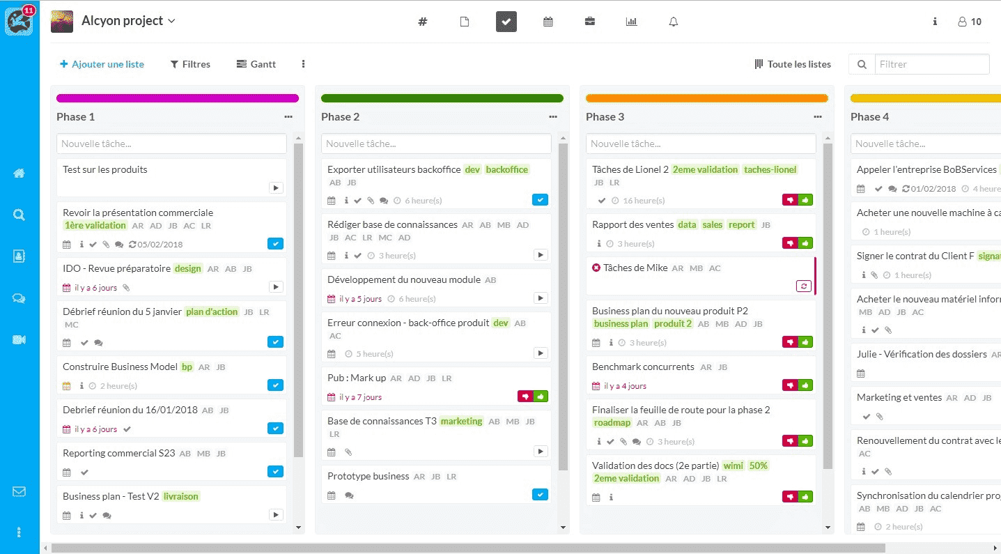 interface de l'outil Wimi prise sur BDM, on voit un tableau en mode Kanban qui répertorie la liste des tâches de l'utilisateurs à faire pour aujourd'hui, demain, la semaine prochaine, et cetera