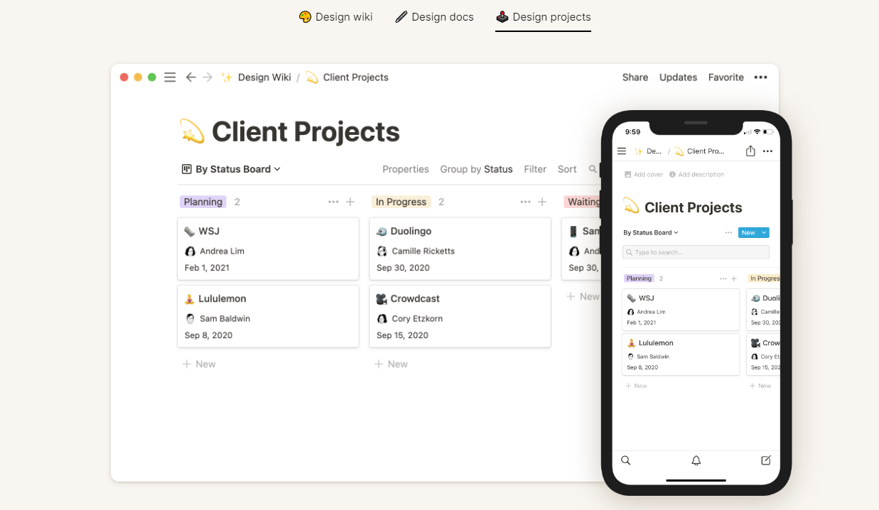 Visualisation de l'interface de l'outil Notion