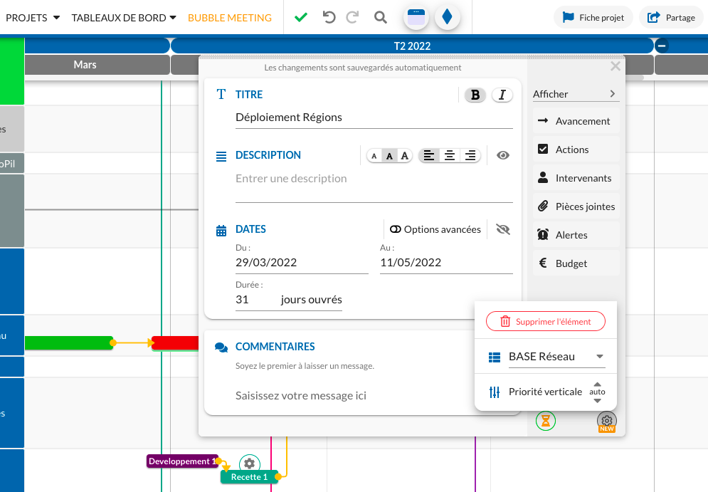 Projet personnalisé : illustration du menu, cliquer sur l'icône Engrenage, qui se trouve en bas à droite de la modale. Un nouveau menu caché s'affichera, proposant plusieurs options de paramétrage des bulles et jalons, dont le déplacement entre lignes
