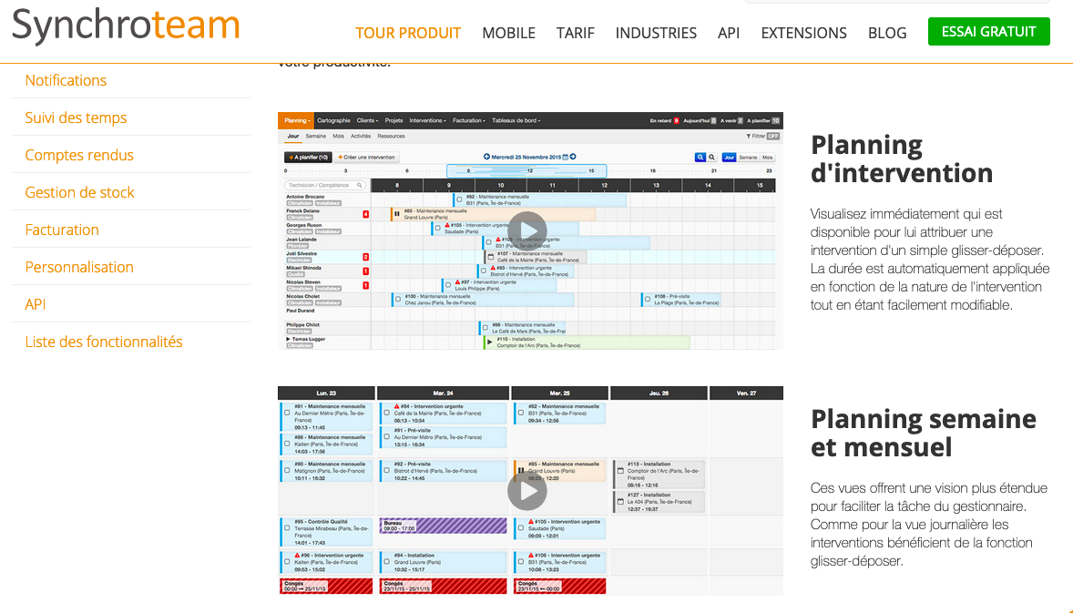 Illustration des planning sur Synchroteam 