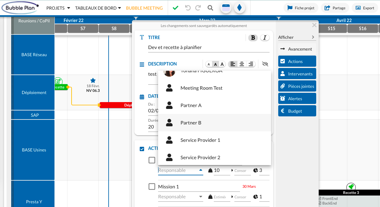 Intégration des Intervenants virtuels en gestion de projet, sous Bubble Plan