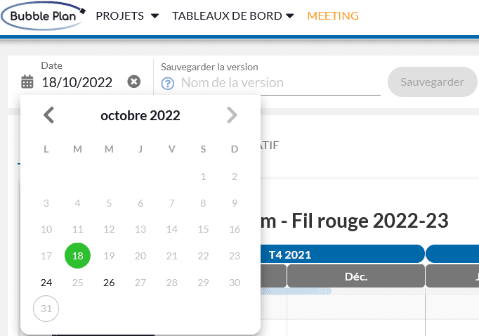 Versioning : l'image montre que l'on peut voir les différents états du projets en fonction des dates. Actuellement, on voit le projet affiché tel qu'il était le 18 octobre, mais l'on peut également voir l'état du projet lorsque l'on était le 24 et également la version du projet du 26 octobre