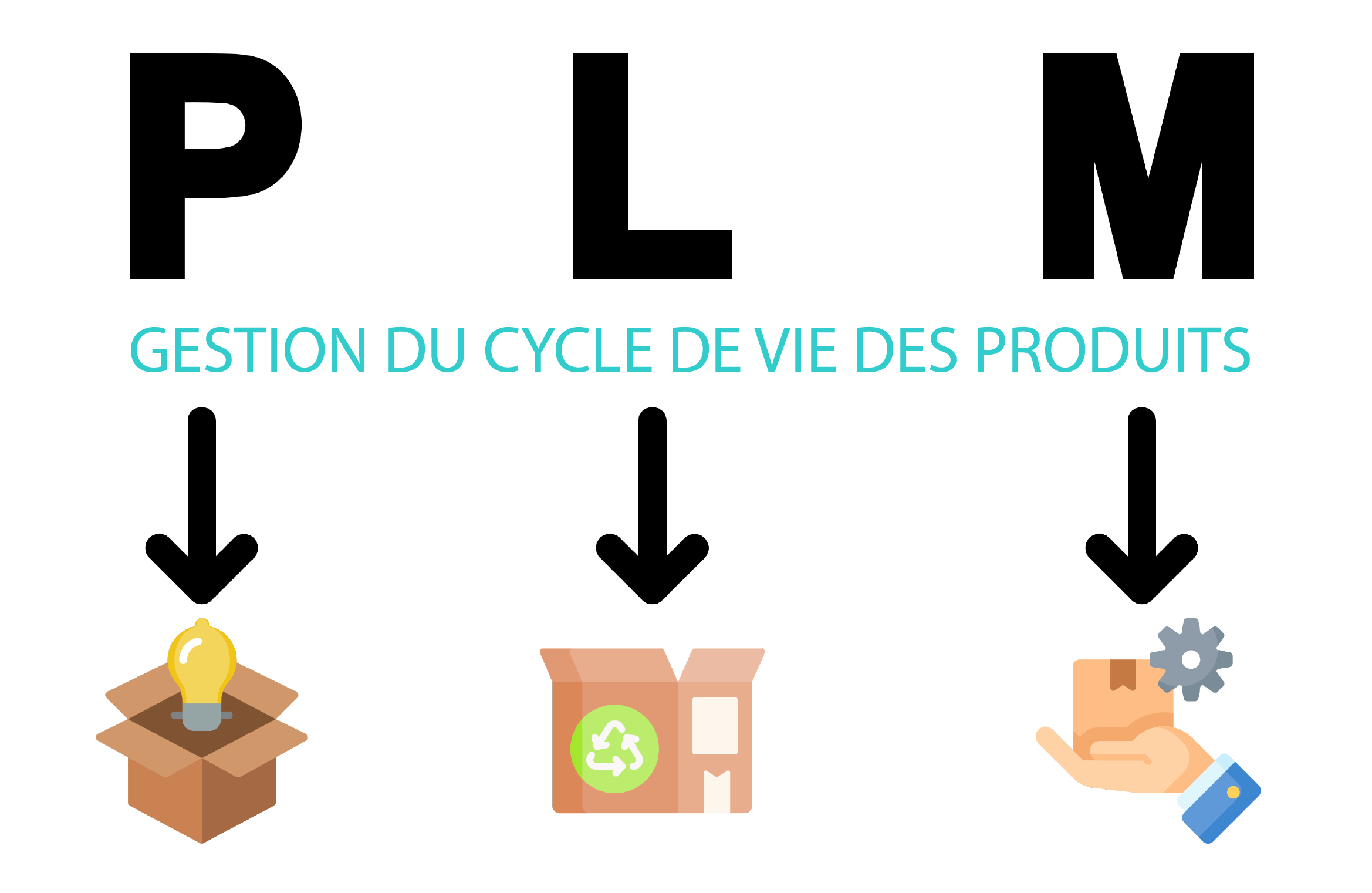 Sur l'image, on voit écrit PLM : le P majuscule en noir est suivi d'une flèche qui pointe un carton avec une ampoule à l'intérieur, le L est suivi d'une flèche noire qui montre une boîte en carton avec le symbole du recyclage et le M est aussi suivi d'une flèche qui indique l'icône d'une main qui tient une boite en carton fermée avec de l'adhésif