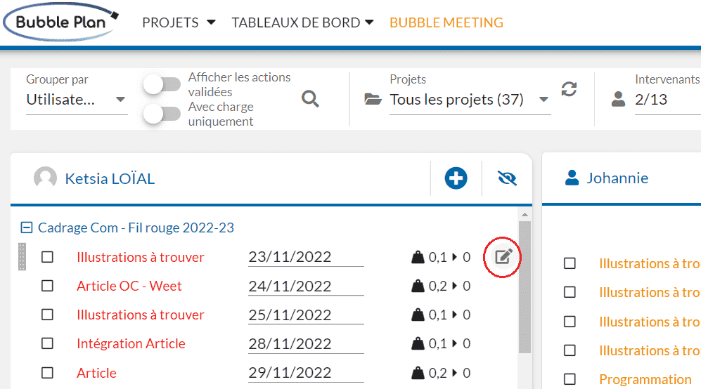 optimisation de la navigation : modifier le actions depuis le tableau de bord des actions avec l'icône crayon à côté de l'action lorsqu'on l'a survole