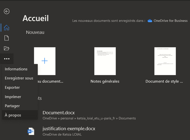 allez dan "fichiers" dans votre document microsoft word et cliquez sur "À propos", il peut aussi être caché dans un menu illustré par trois petits points alignés