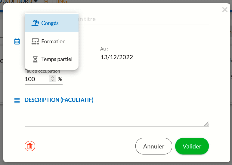 interface bubble plan avec la possibilité de chosiir le types de congés (formation, congés, temps partiel) pour une meilleure gestion des congés