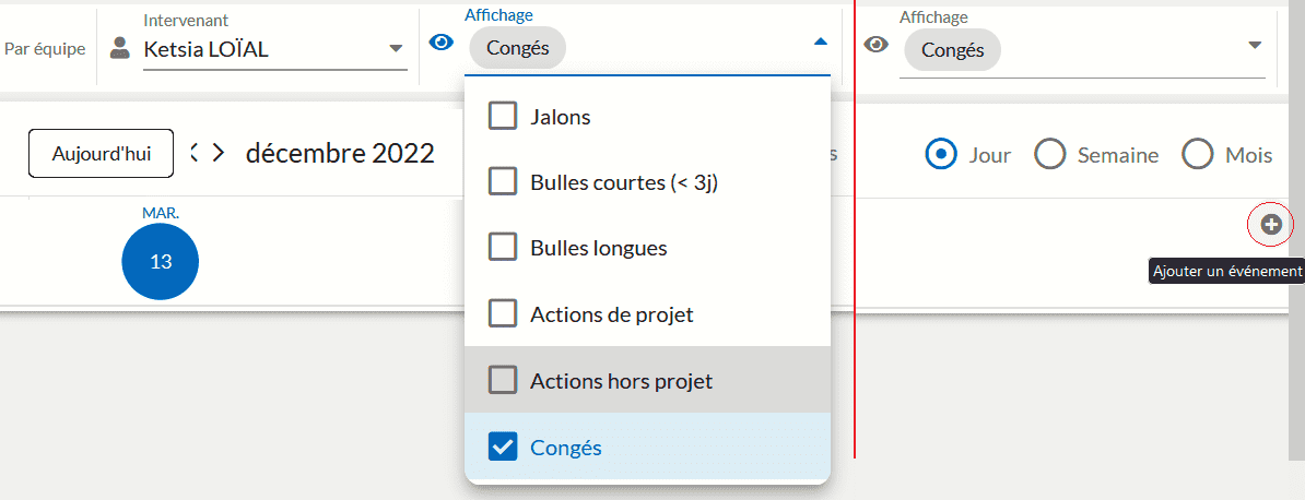 image montrant comment on accède à la fonctionnalité de gestion des congés. Il faut aller dans le Tableaux de bord Agenda, dans Affichage on décoche toutes les cases sauf celle intitulée "Congés", tout à droite du jour sur lequel on est positionné apparait un petit plus (une croix dans un cercle gris), il faut cliquer dessus pour accéder à la gestion des congés. Grâce aux flèches à côté du bouton "Aujourd'hui" on peut se déplacer dans le temps sur le calendrier