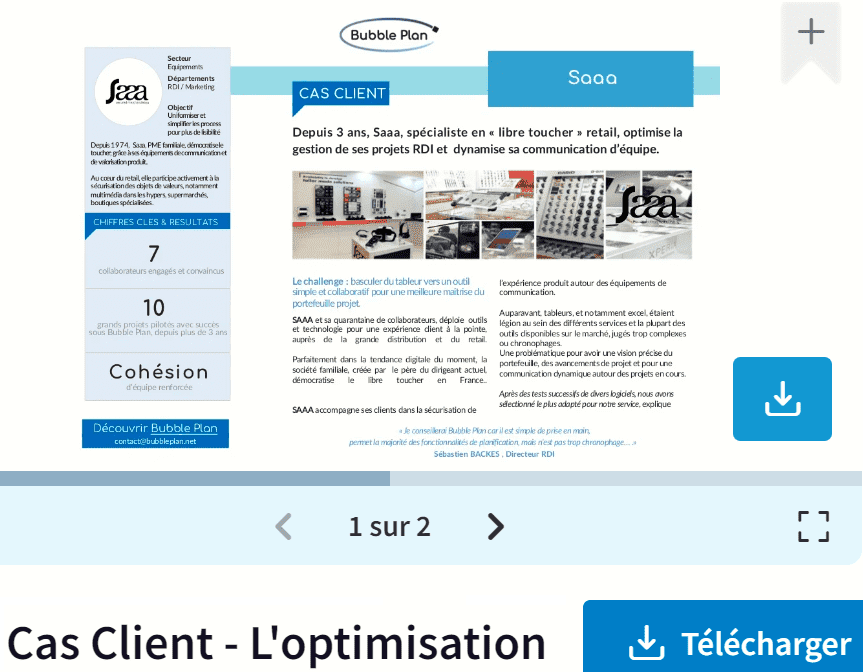 image de l'étude de cas de Saaa par Bubble Plan au sein de sa R&D et du Marketing, introduit par la phrase suivante : Depuis 3 ans, Saaa, spécialiste en « libre toucher » retail, optimise la gestion de ses projets RDI et dynamise sa communication d’équipe.