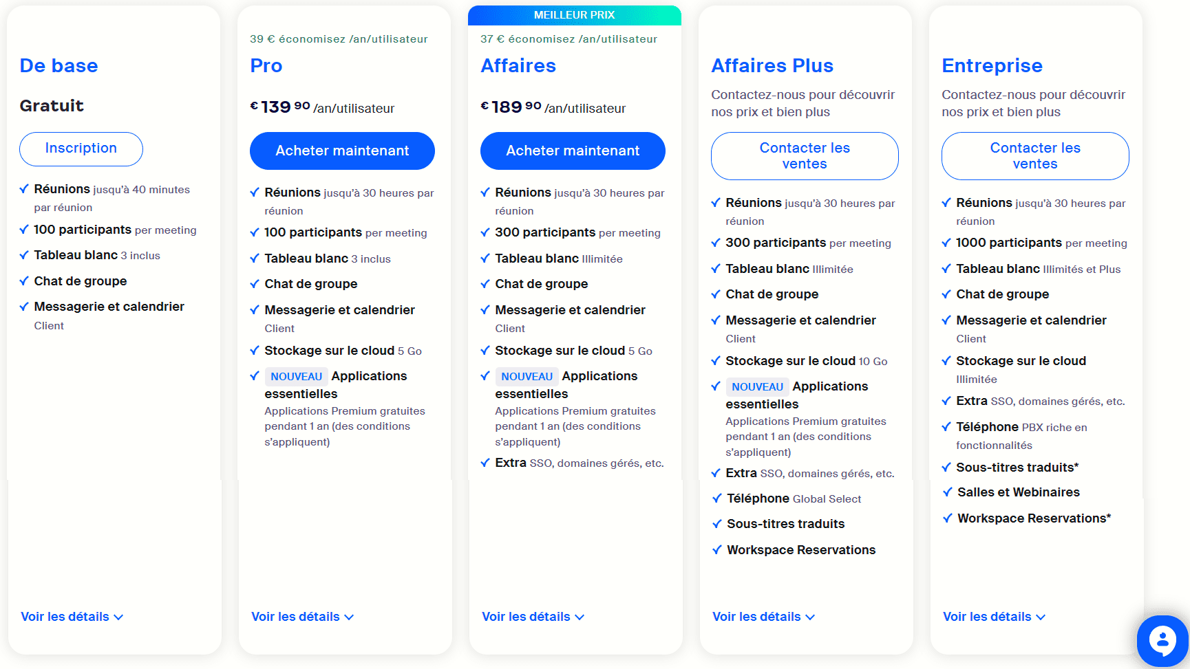 Zoom, outil de visioconférence - Tarification Tableau pour utilisateurs individuels et usage en entreprise