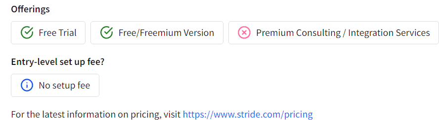 Informations sur la tarification de l'outil Stride à aller voir sur le site de Atlassian prise sur le site TrustRadius