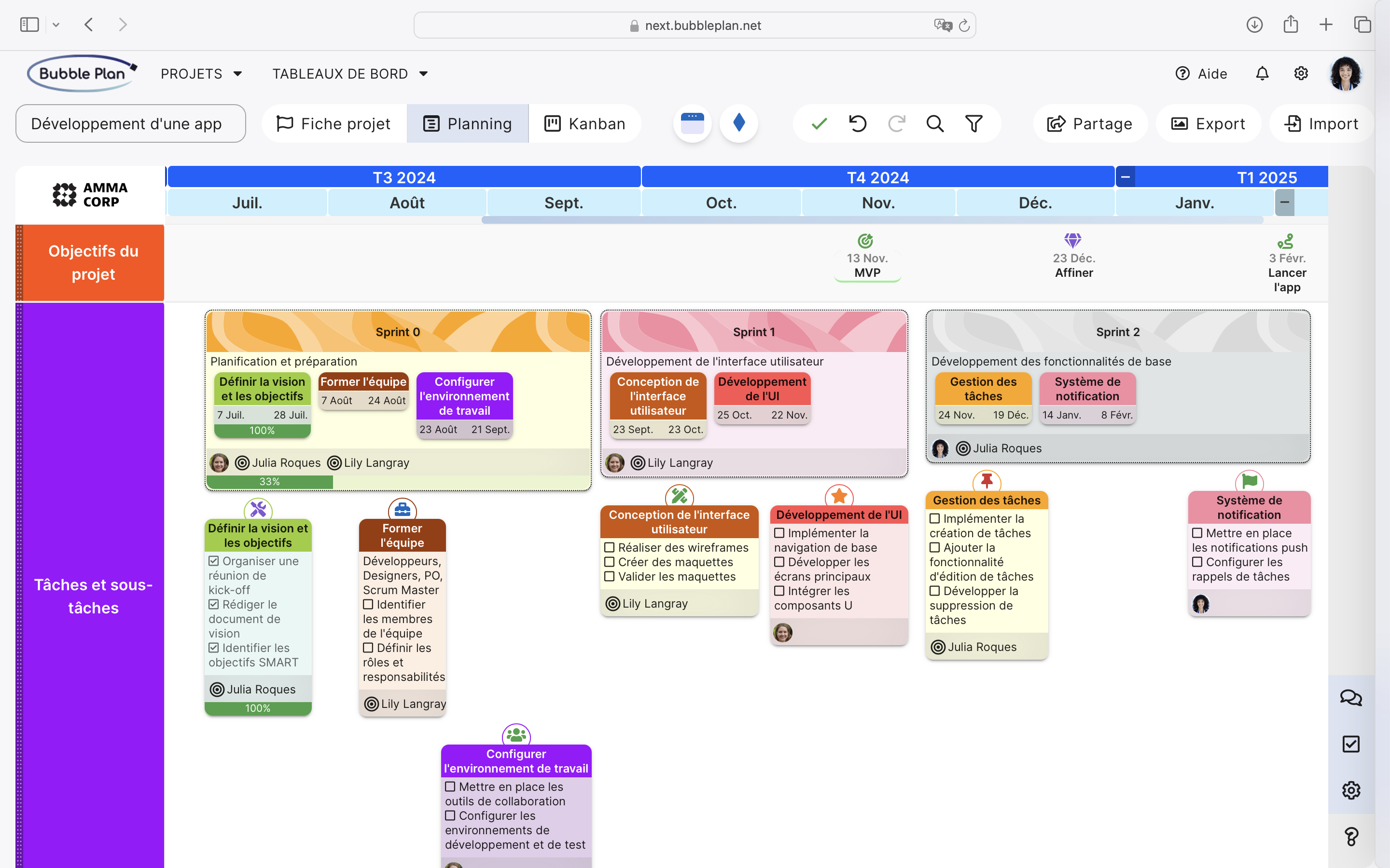 planification de projet sous forme de tableau Gantt