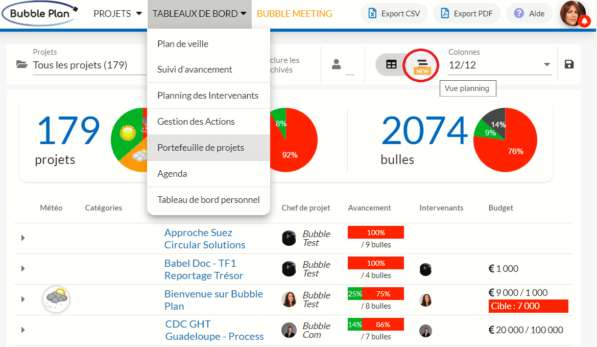 Avec le portfolio de projets, passez d'une vue à une autre simplement : de la vue tableau à la vue planning pour une meilleure lisibilité