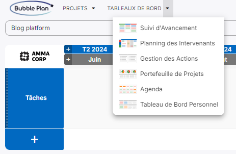 Menu des dashboards sur Bubble Plan. On trouve le plan de veille, le suivi d'avancement, le planning des intervenants, la gestion des actions, le portefeuille de projets, l'agenda et le tableau de bord personnel 