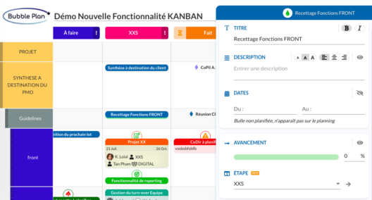 Illustration des nouvelles options des bulles Bubble Plan avec la fonctionnalité kanban