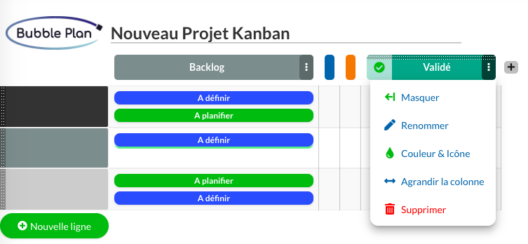 Capture de la partie backlog de Bubble Plan et des options du kanban