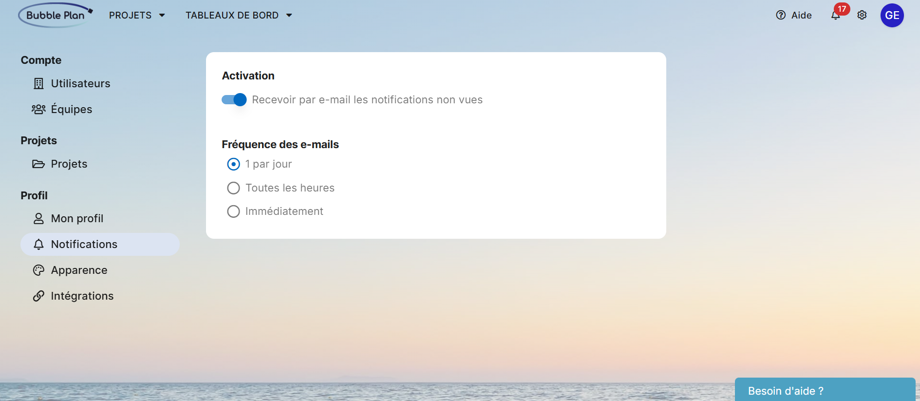 Personnalisation des notifications dans la rubrique "mon compte" 