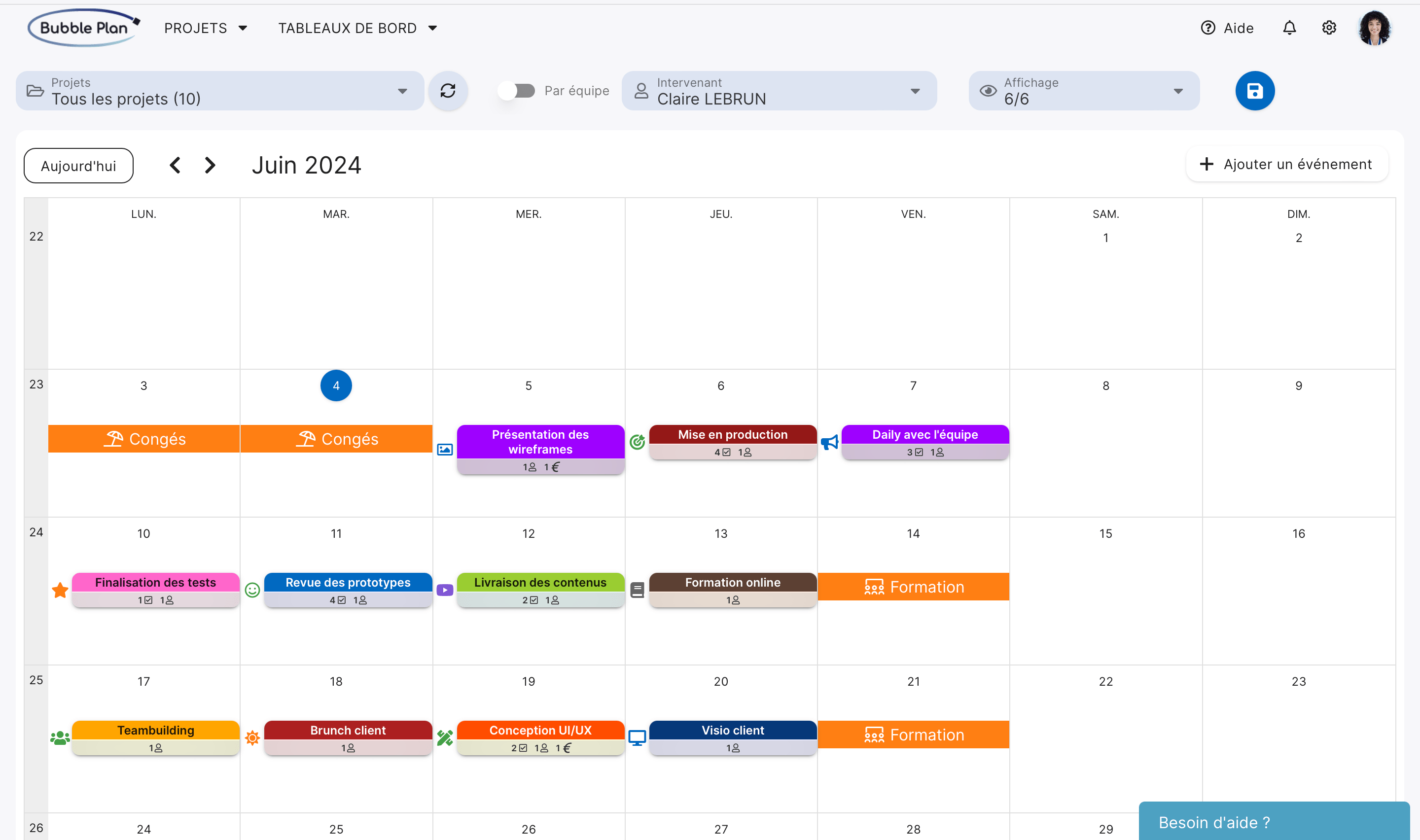 la vue agenda dans bubble plan 
