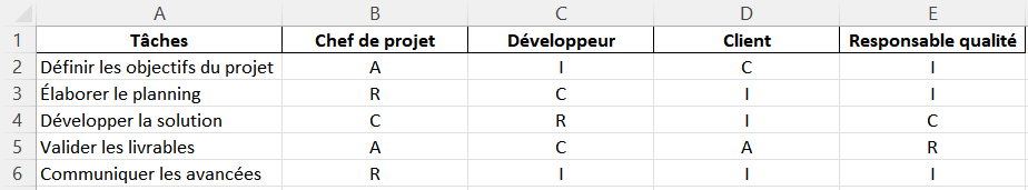 template excel de matrice raci pour le développement d'application
