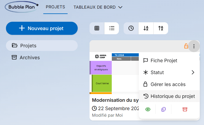 historique de projet dans bubble plan