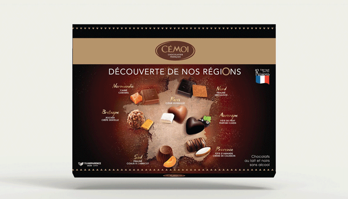 Illustration of the French map of Cémoi's chocolate specialities