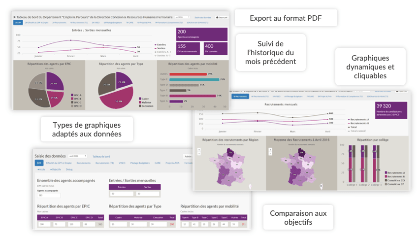 An example of dynamic dashboards, specially developed for a client in his business practice of project management
