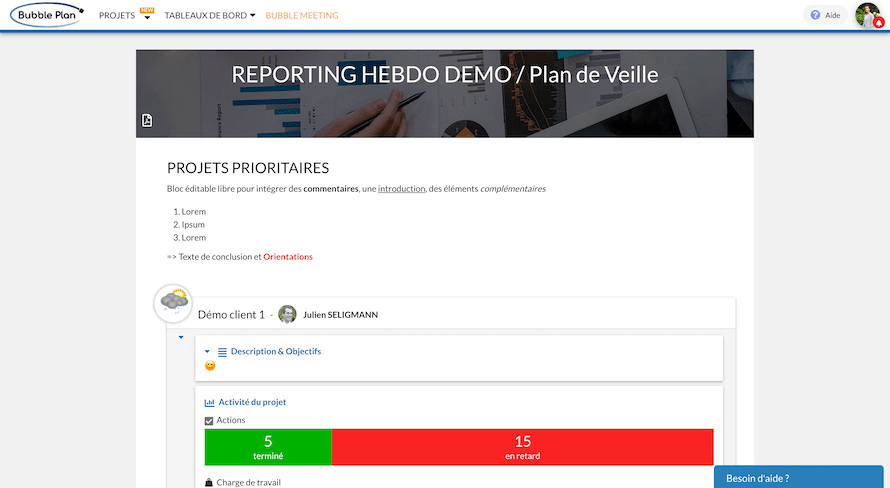 The monitoring plan, an unfoldable and editable report to bring up, in colour and dynamically, your project information