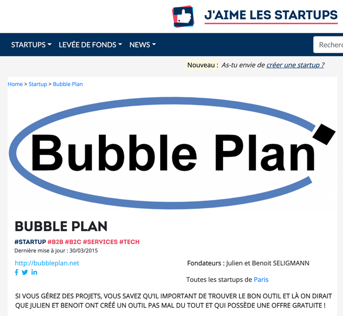 Interview with the founders of the startup Bubble Plan on J'aime les startups