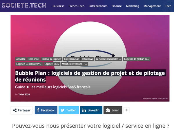 The article about Bubble Plan and innovative startups on societe.tech